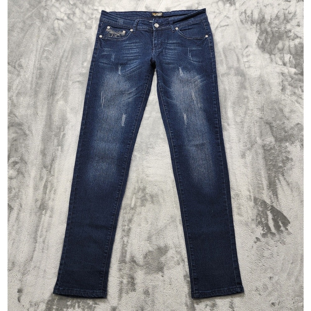 Vintage Mi-Jeans Womens 9 Juniors‎ Blue Dark Wash Distressed Low Rise Skinny